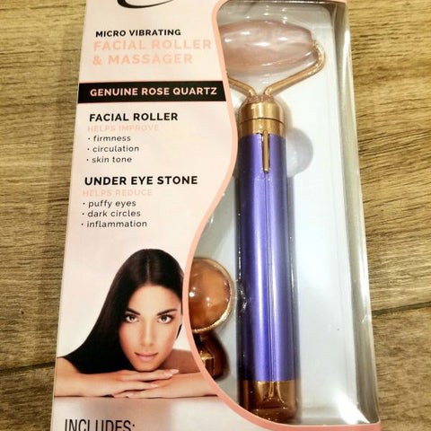 Facial roller massager with real rose quartz vibrations + under-eye stone set