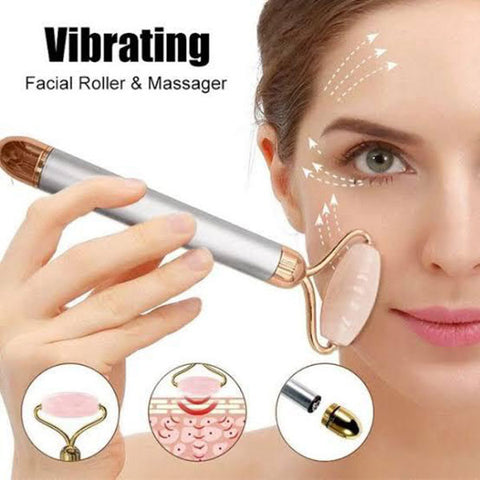 Facial roller massager with real rose quartz vibrations + under-eye stone set