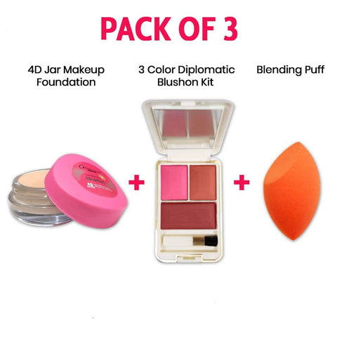 Pack of 3 4D Jar Makeup Foundation+ 3 Color Diplomatic Blushon Kit + Blending Puff